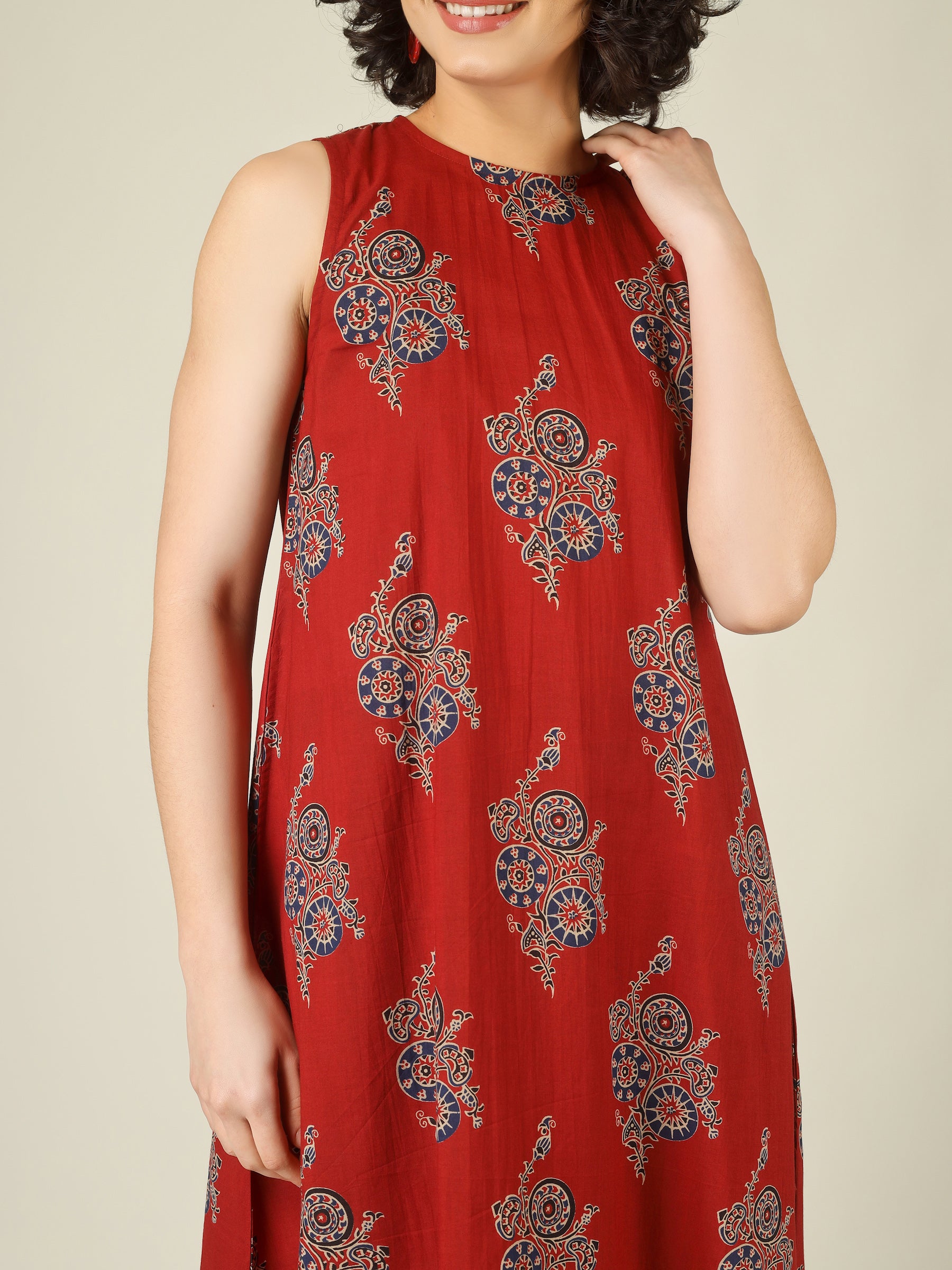 Red Printed Sleeveless A-Line Cotton Dress