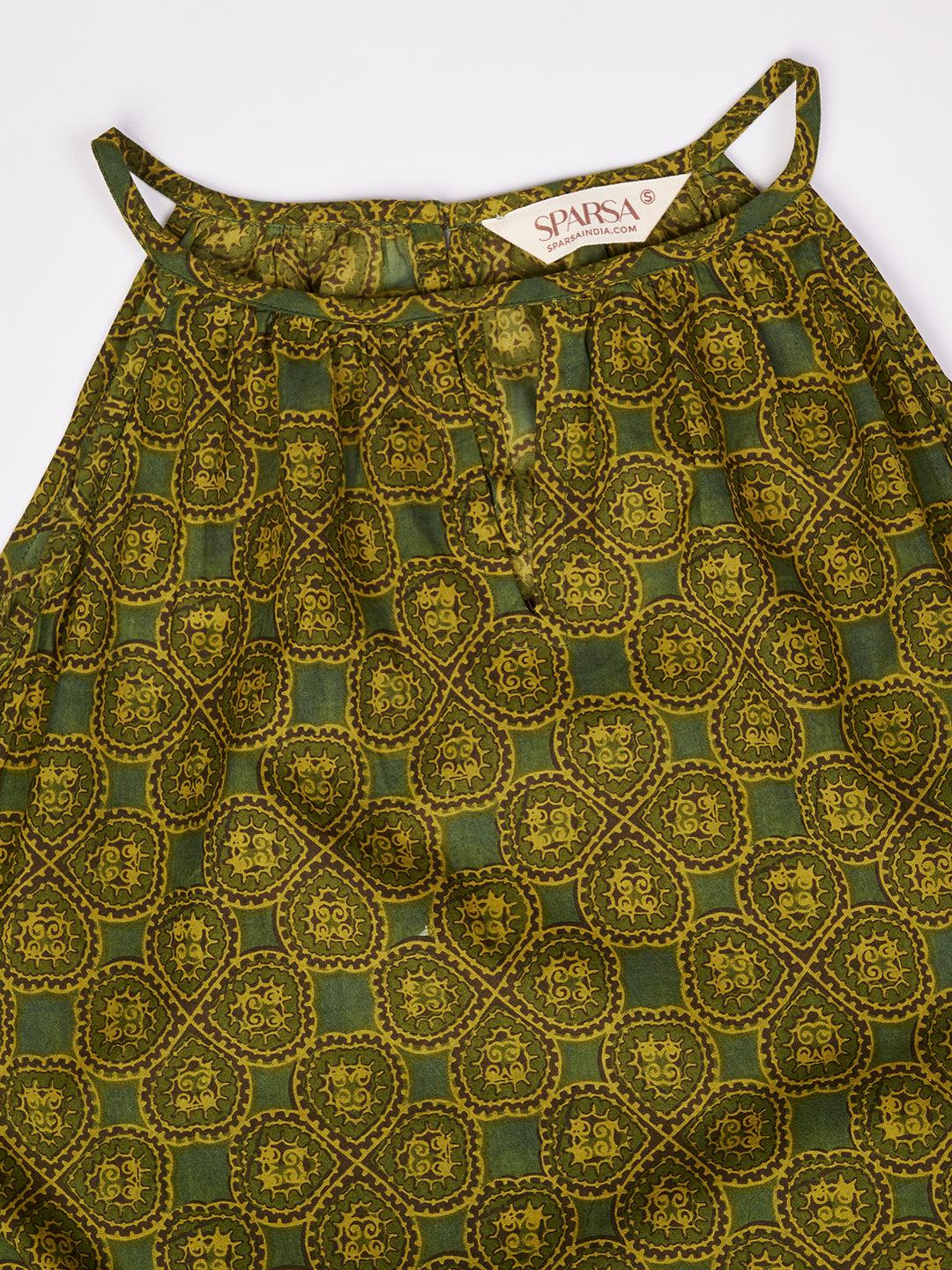Green Printed Sleeveless A-Line Cotton Dress