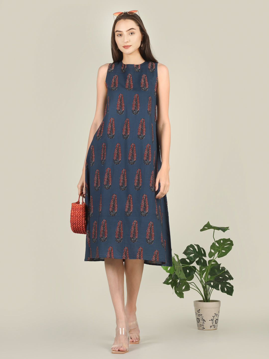 Blue Printed Sleeveless A-Line Cotton Dress