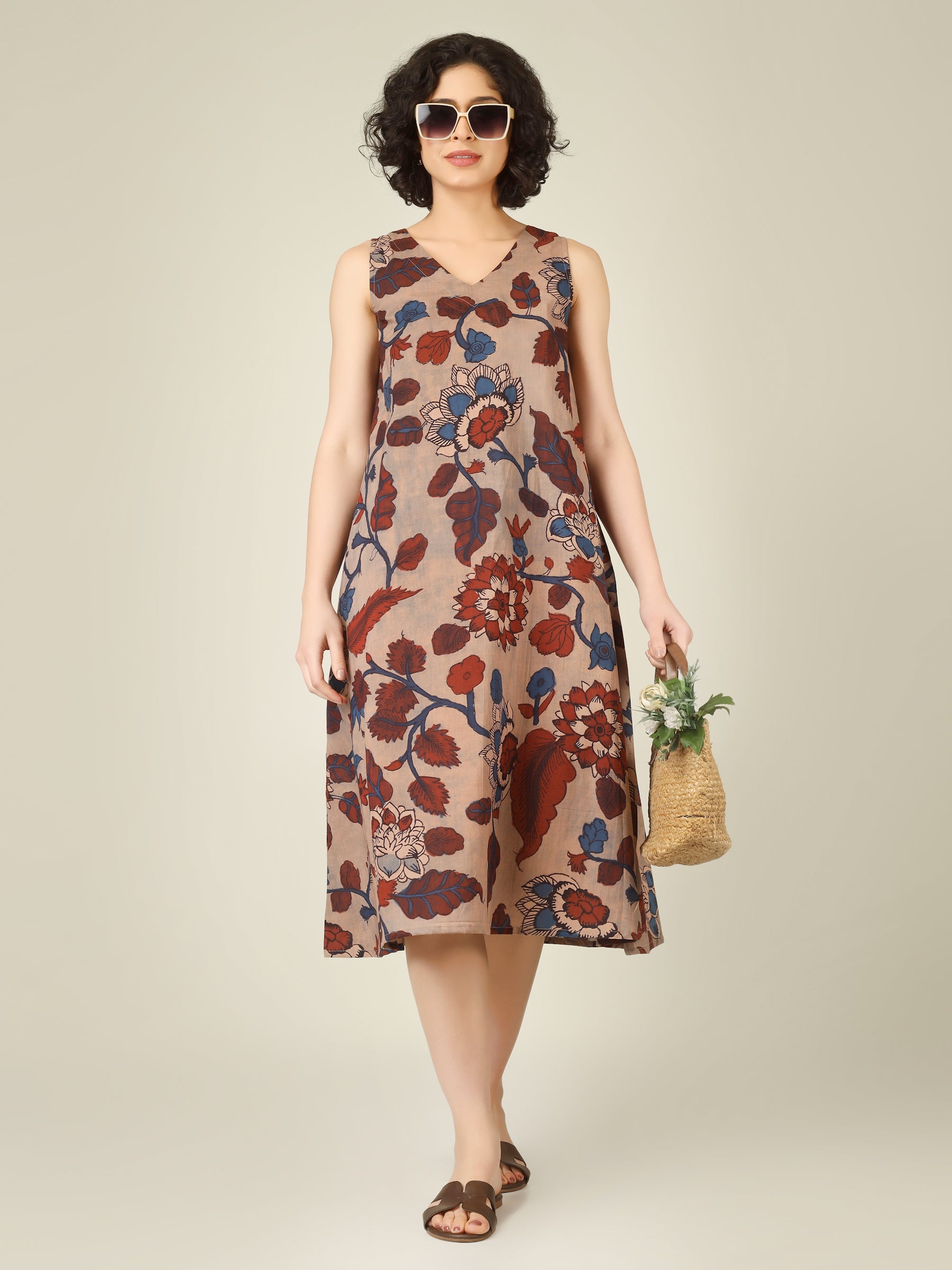 Beige Printed V-Neck Sleeveless A-Line Cotton Dress