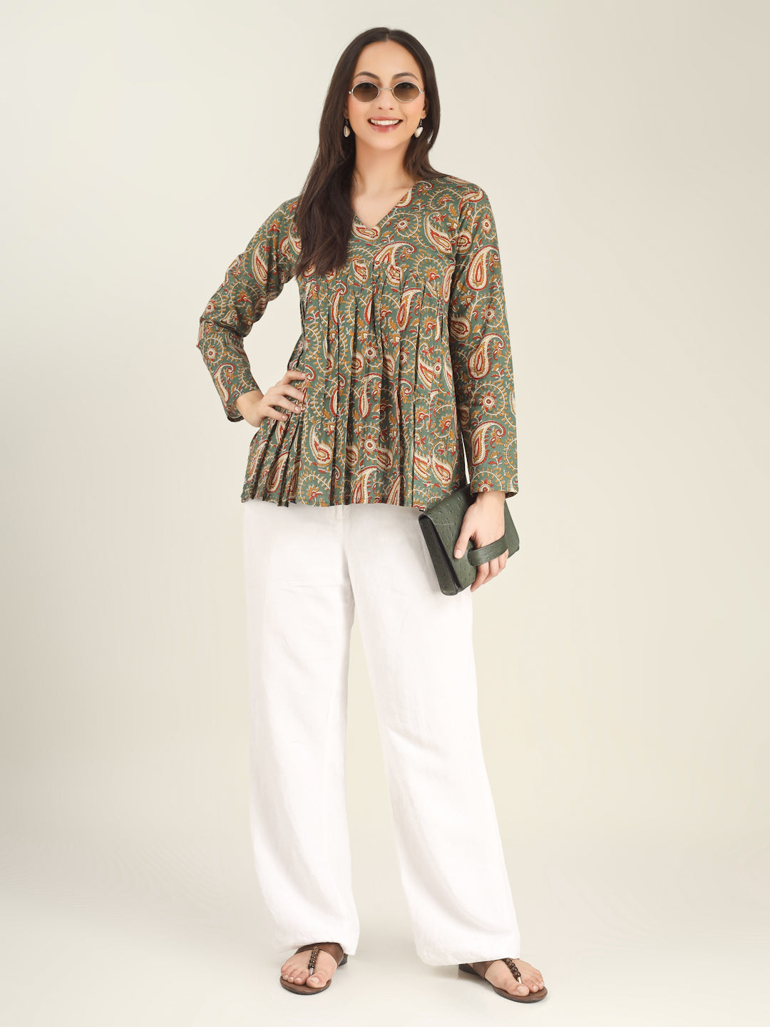 Green Printed Full-Sleeves Alia-Cut Cotton Top