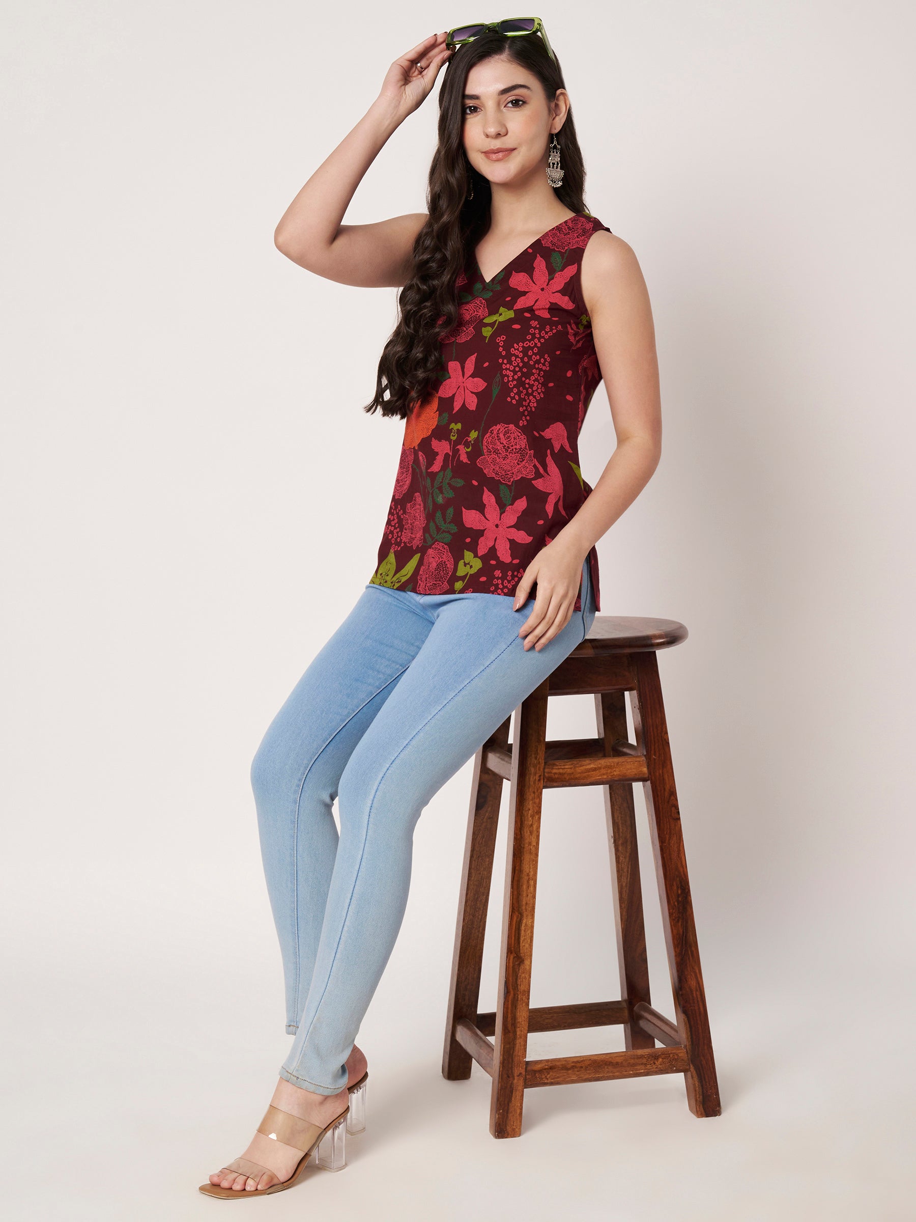 Wine Printed Sleeveless V-Neck Cotton Top