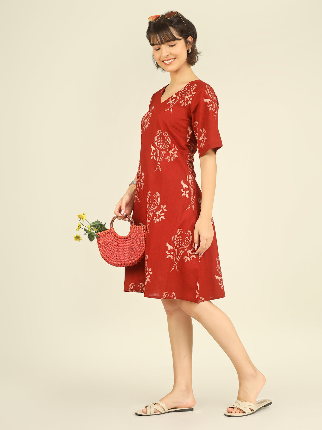 Red Printed Half-Sleeve A-Line Short Cotton Dress