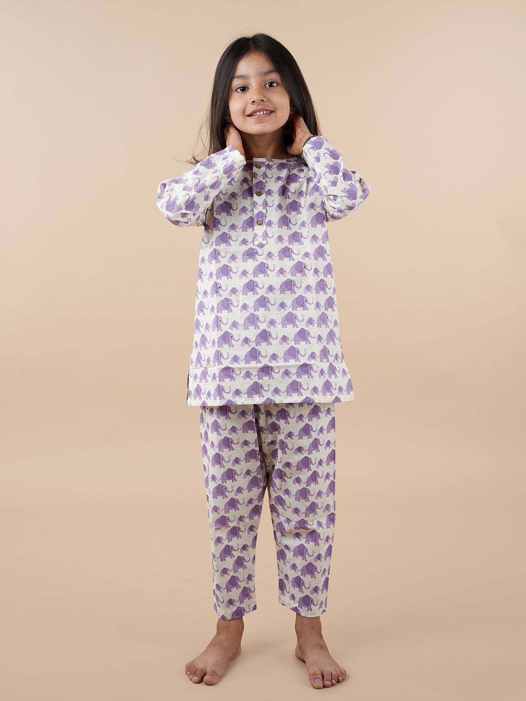 Purple Elephant Print Kids Cotton Kurta Pyjama Set