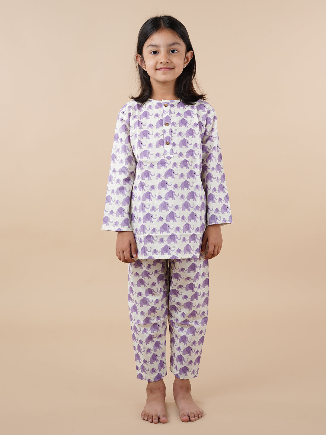 Purple Elephant Print Kids Cotton Kurta Pyjama Set