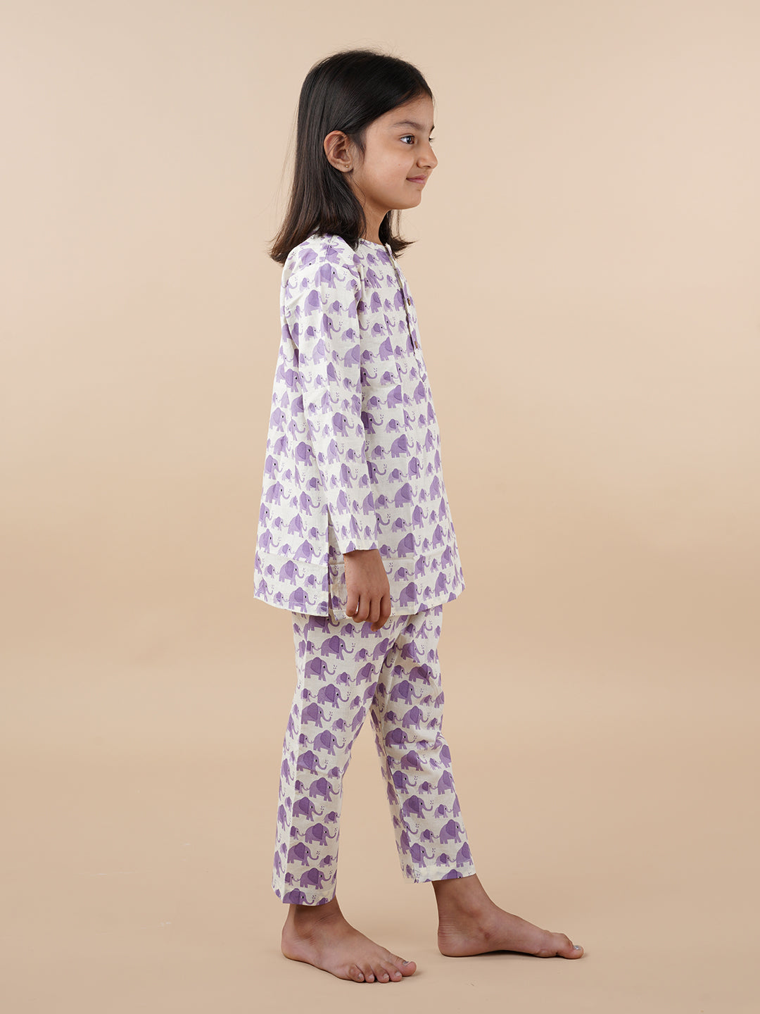 Purple Elephant Print Kids Cotton Kurta Pyjama Set
