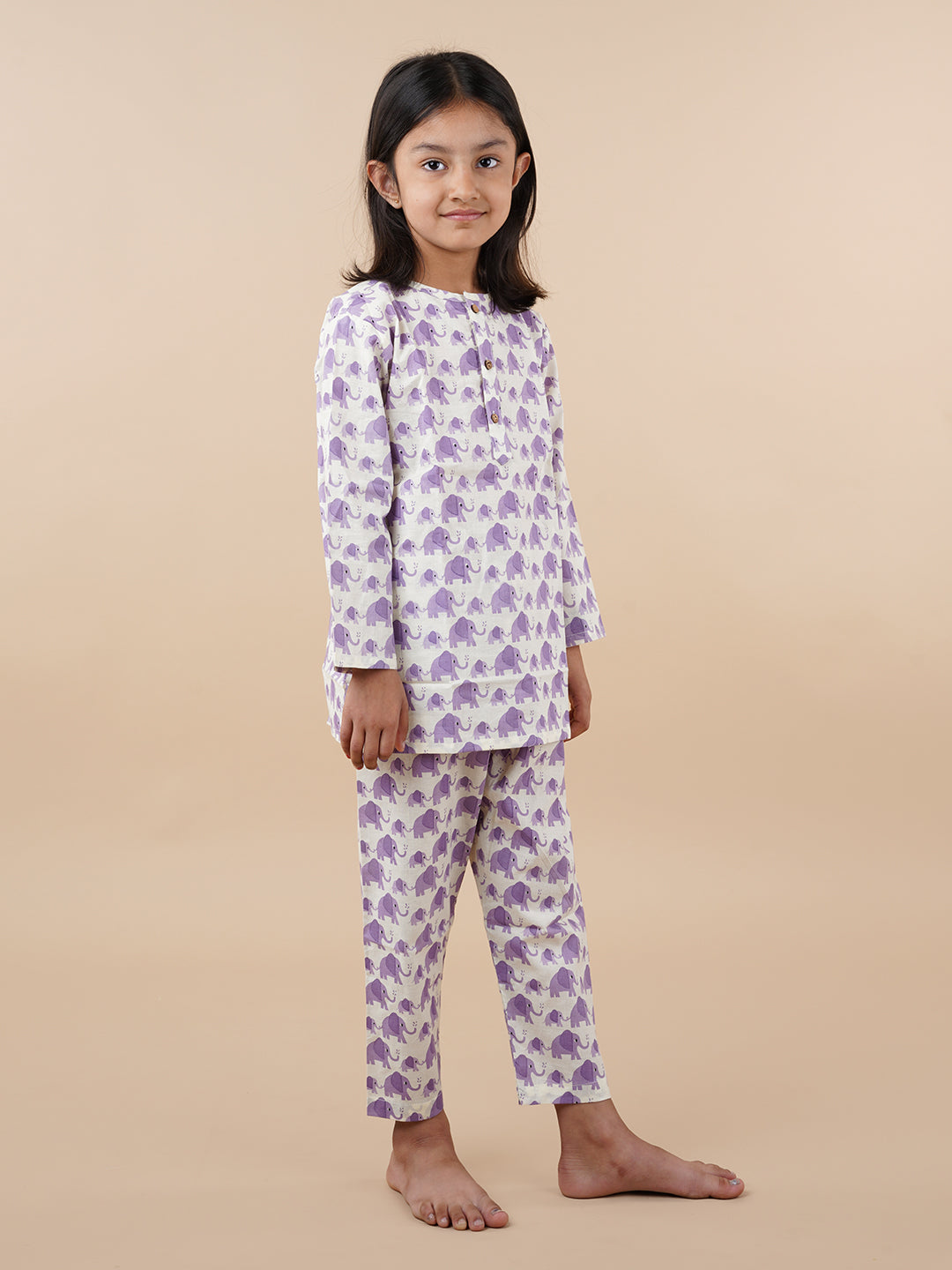 Purple Elephant Print Kids Cotton Kurta Pyjama Set