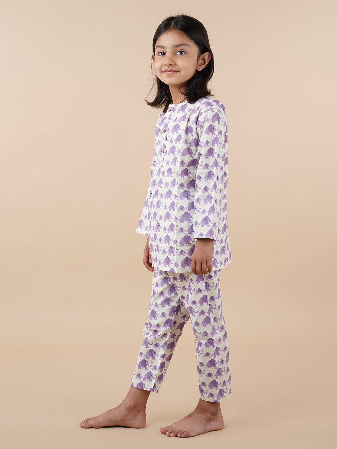 Purple Elephant Print Kids Cotton Kurta Pyjama Set