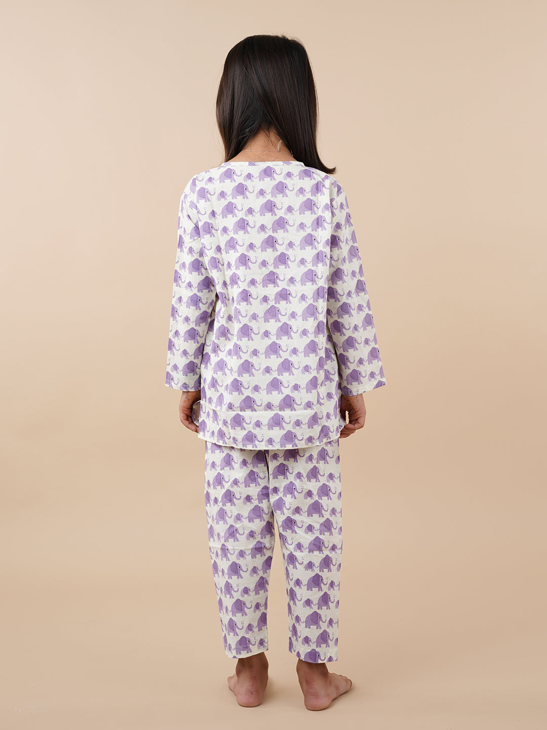 Purple Elephant Print Kids Cotton Kurta Pyjama Set