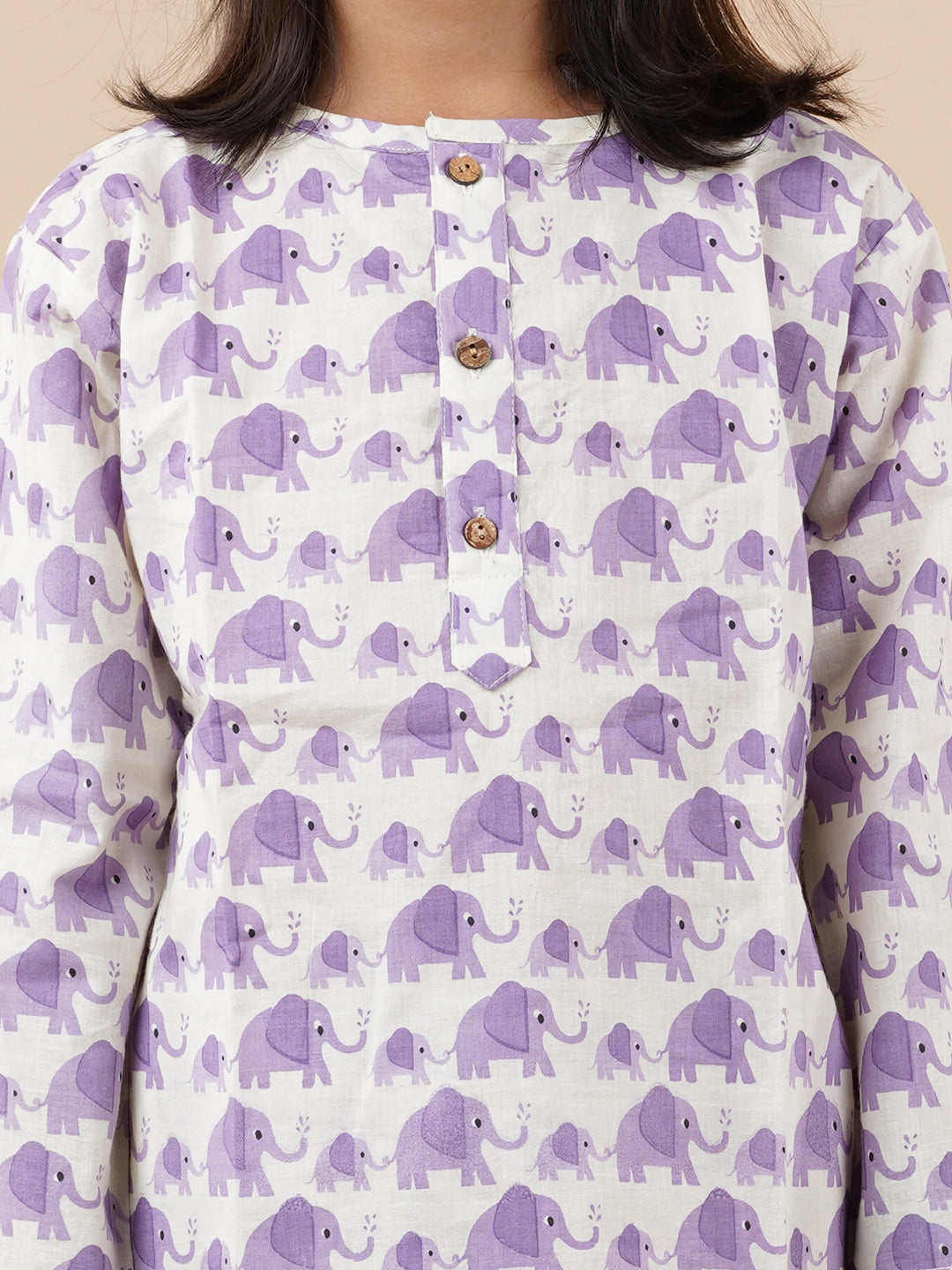 Purple Elephant Print Kids Cotton Kurta Pyjama Set