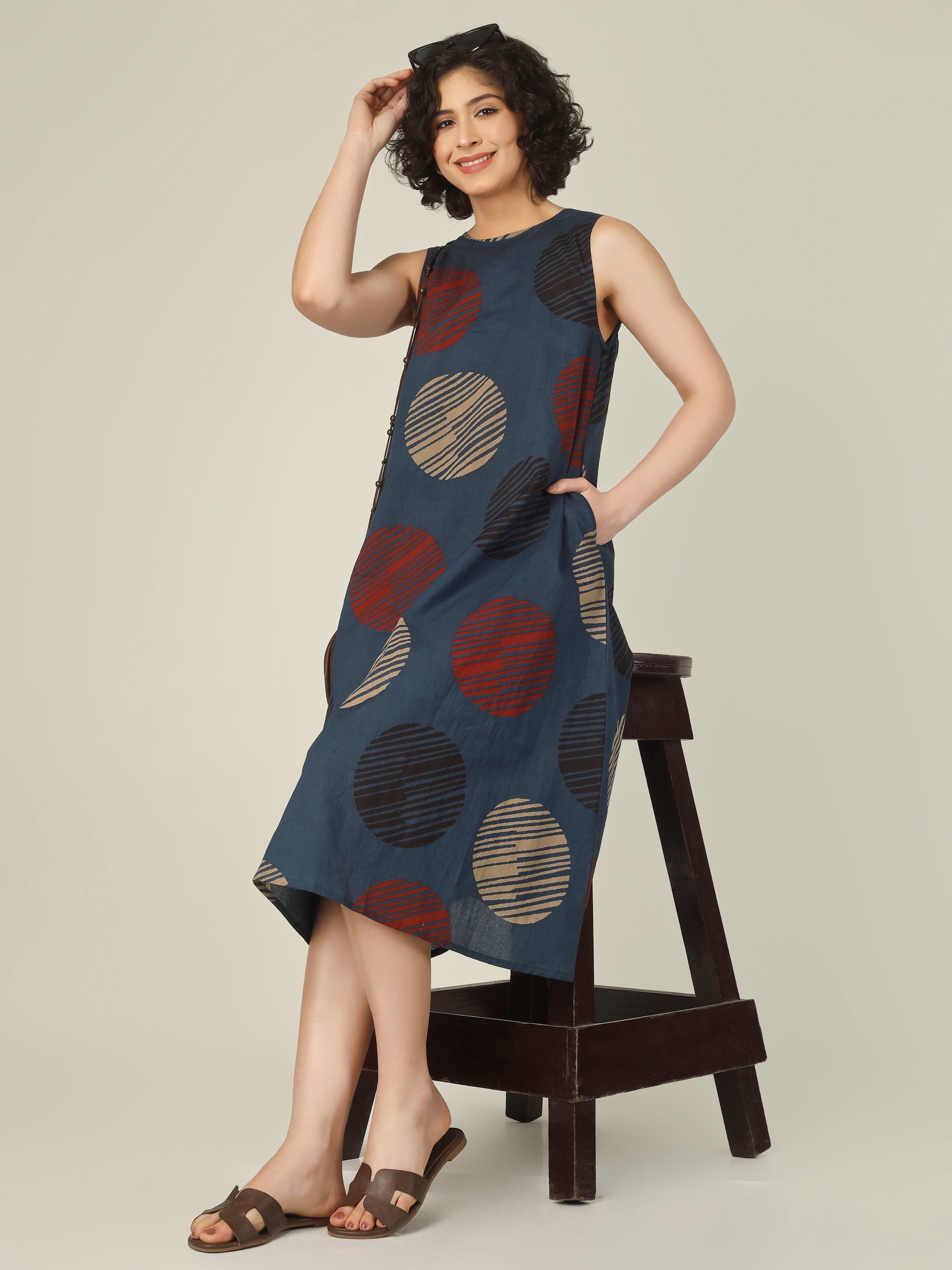 Blue Printed Sleeveless A-Line Cotton Dress