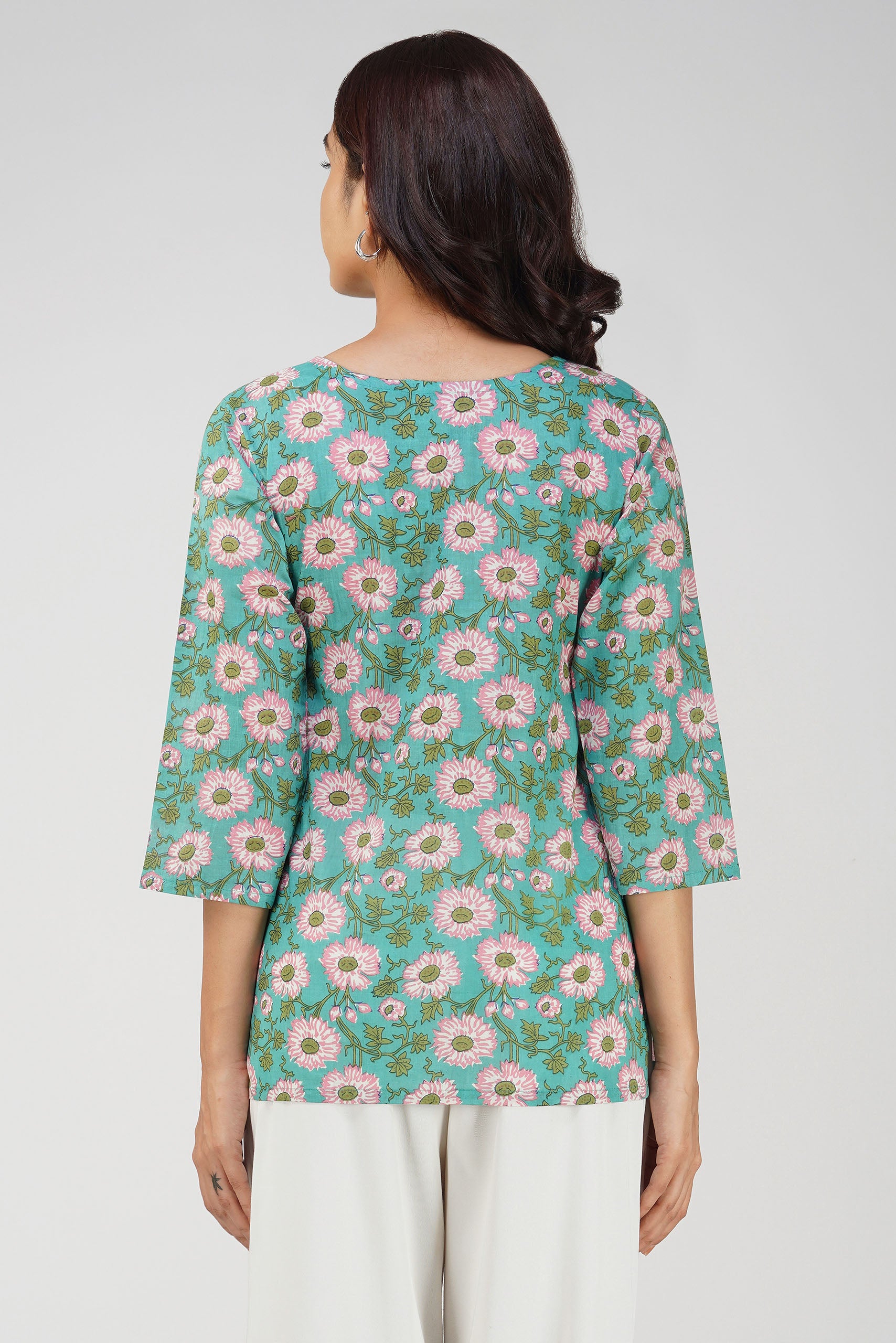 Sky Blue Printed V-Neck Cotton Top