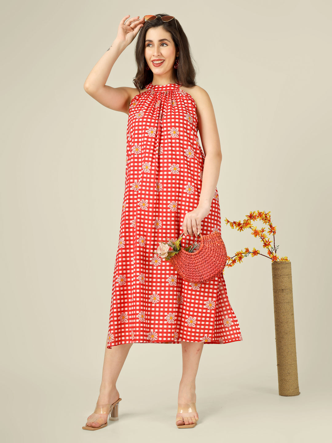 Red Checked Halter Neck Long Sleeveless Cotton Dress