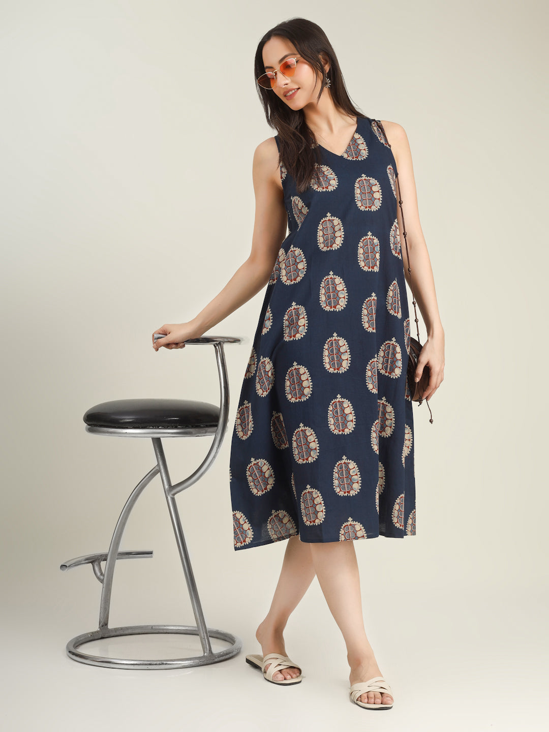 Blue Printed Sleeveless V-Neck A-Line Cotton Dress