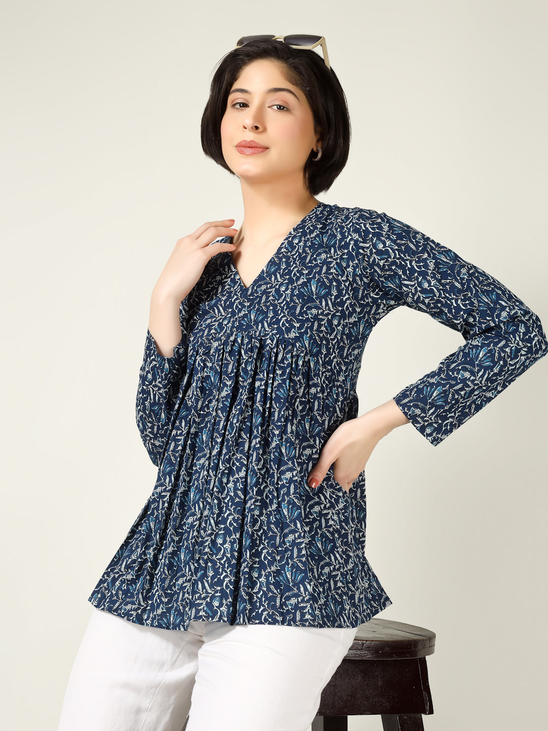 Blue Printed Full-Sleeve Alia-Cut Cotton Top
