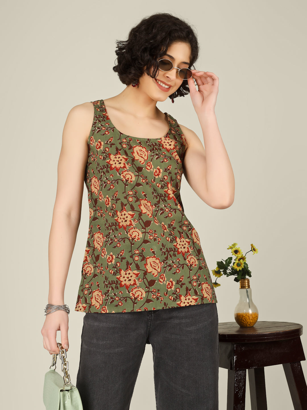Green Printed Round Neck Sleeveless Cotton Top