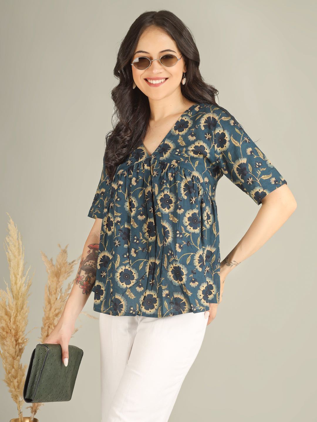 Teal Blue Printed Half-Sleeve Alia-Cut Cotton Top