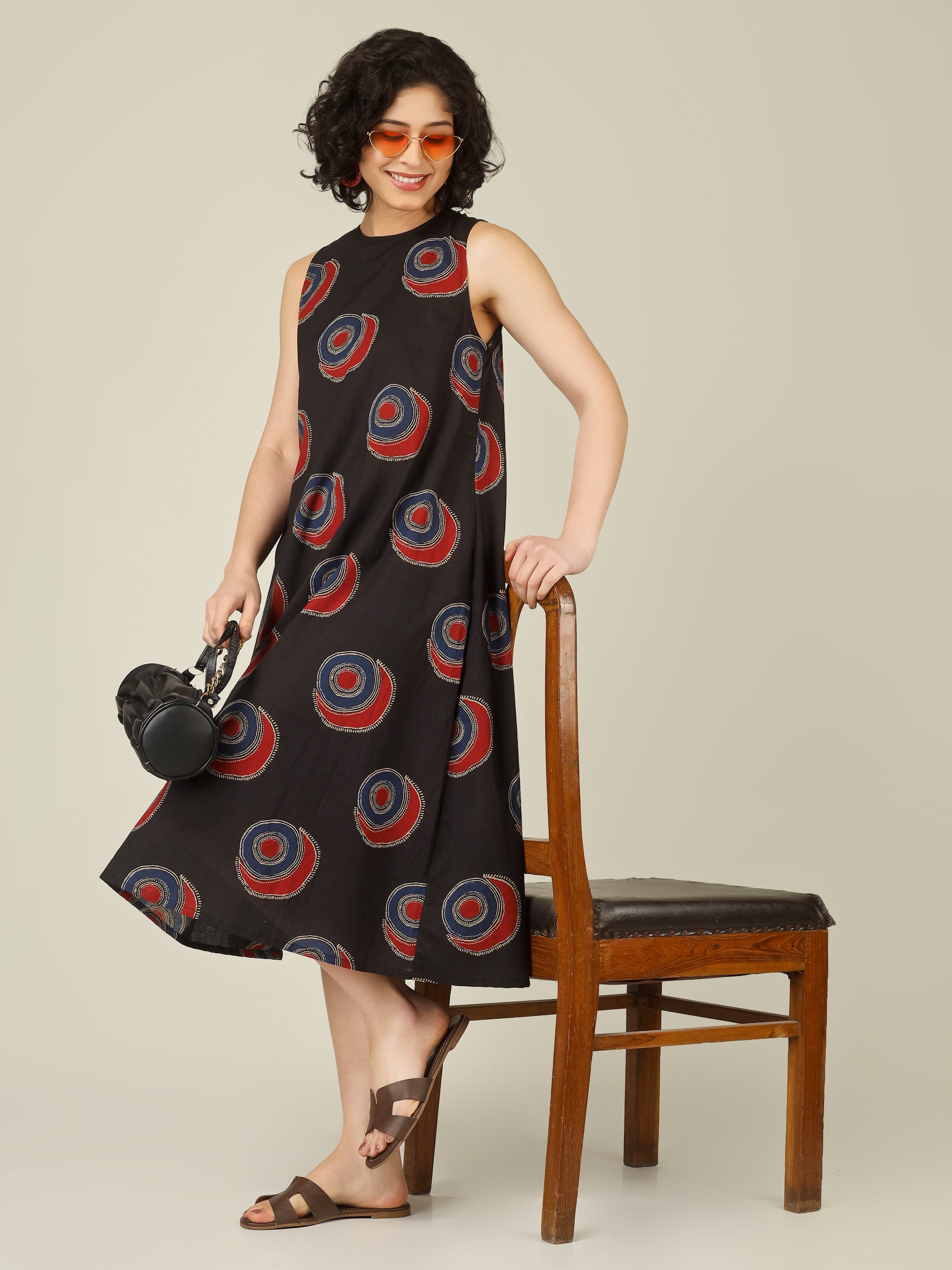 Black Printed Sleeveless A-Line Cotton Dress