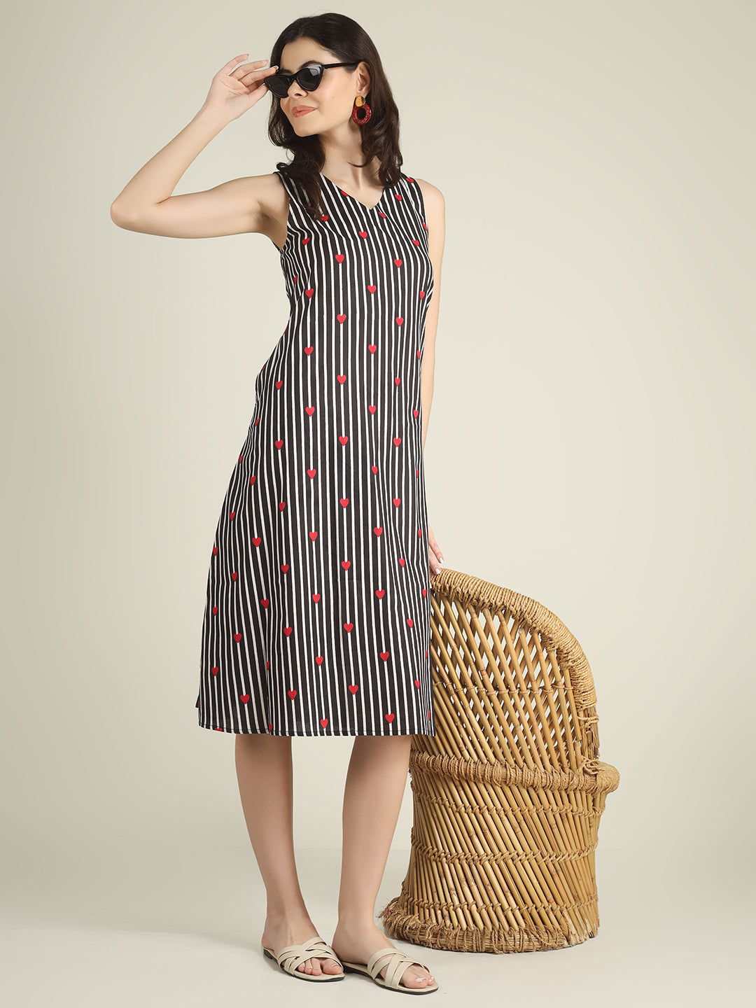 Black Striped Sleeveless V-Neck A-Line Cotton Dress