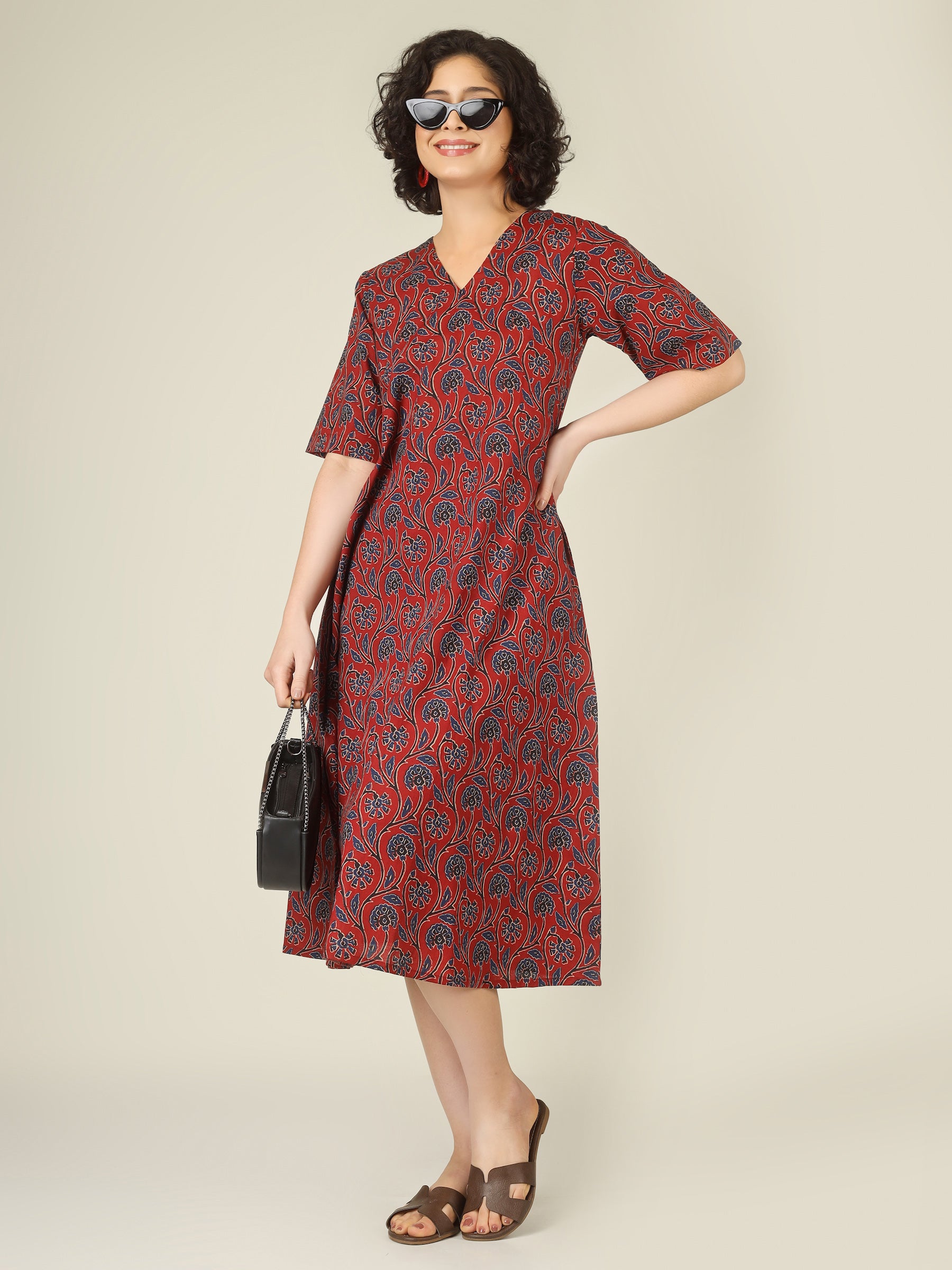 Maroon Printed Half-Sleeve A-Line Cotton Dress