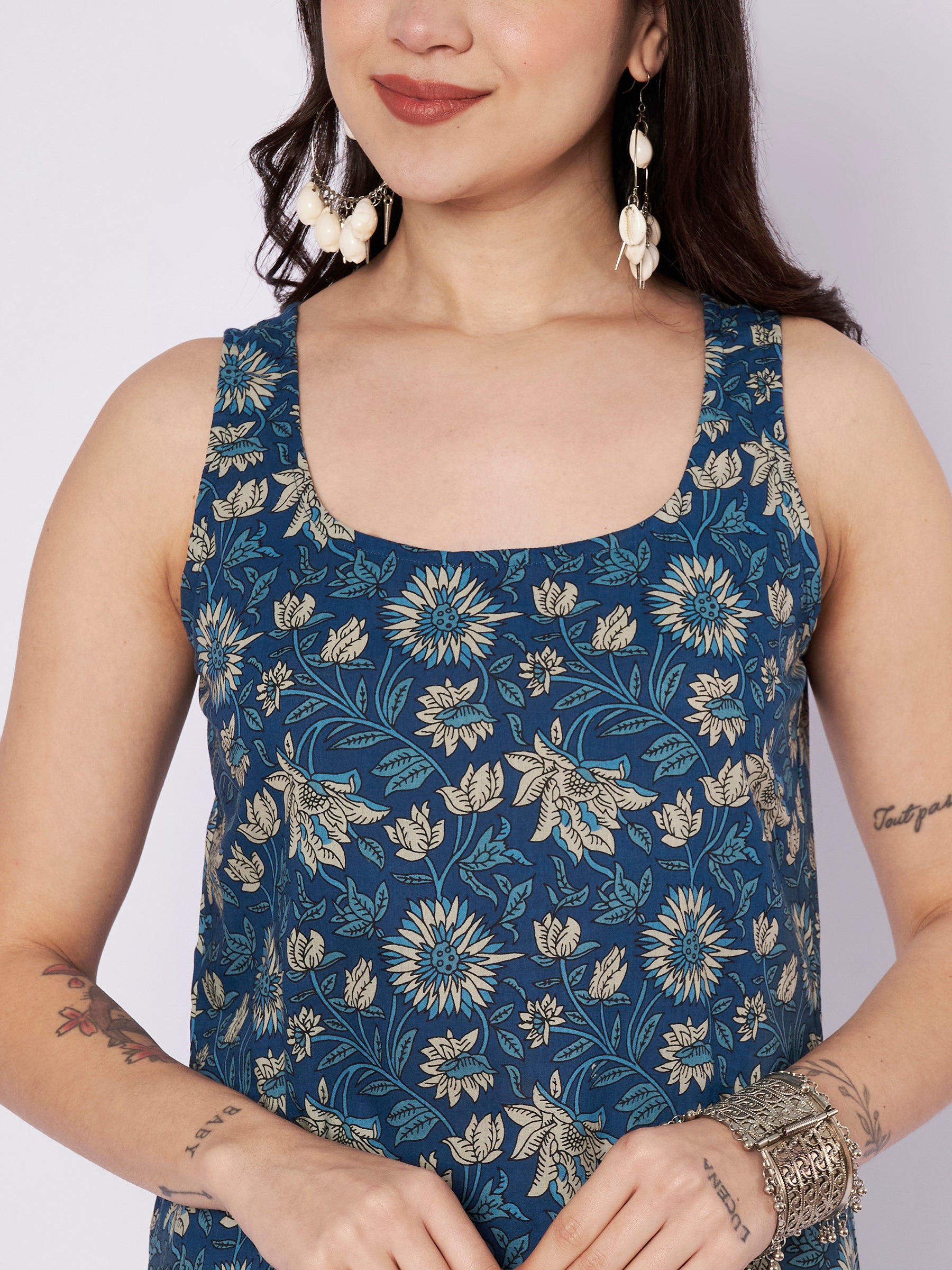 Blue Printed Sleeveless Cotton Top