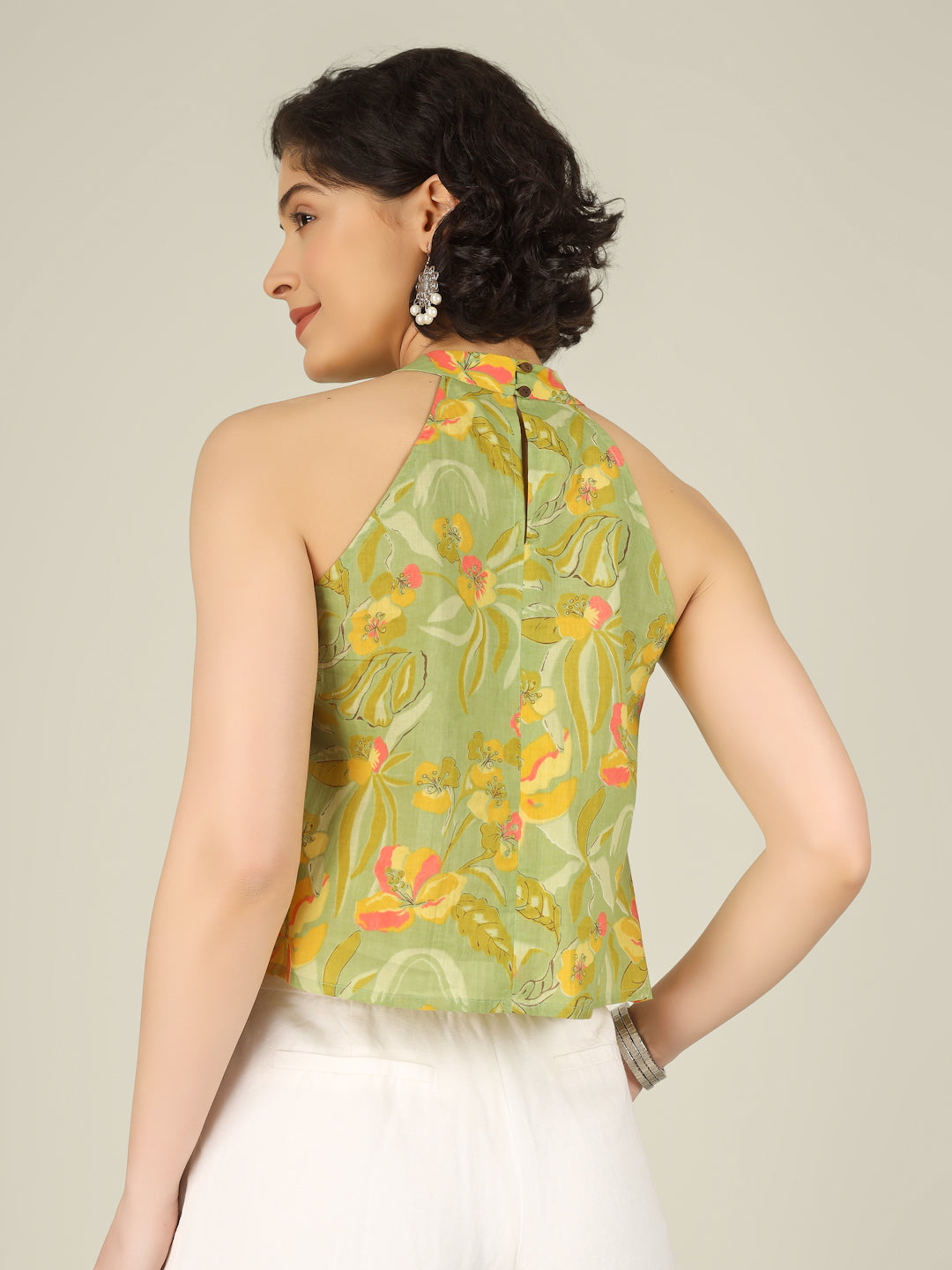 Green Printed Halter Neck Sleeveless Cotton Top