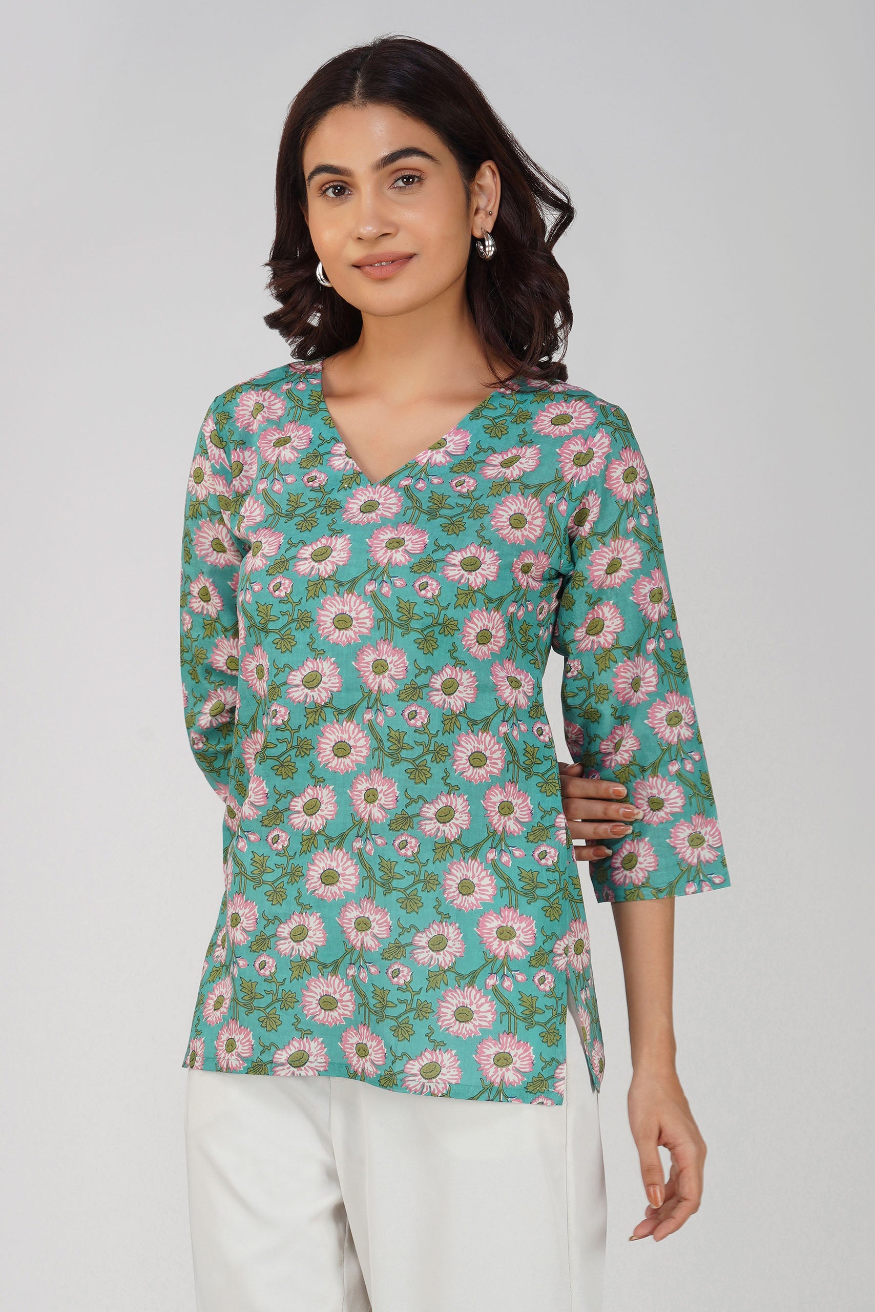 Sky Blue Printed V-Neck Cotton Top