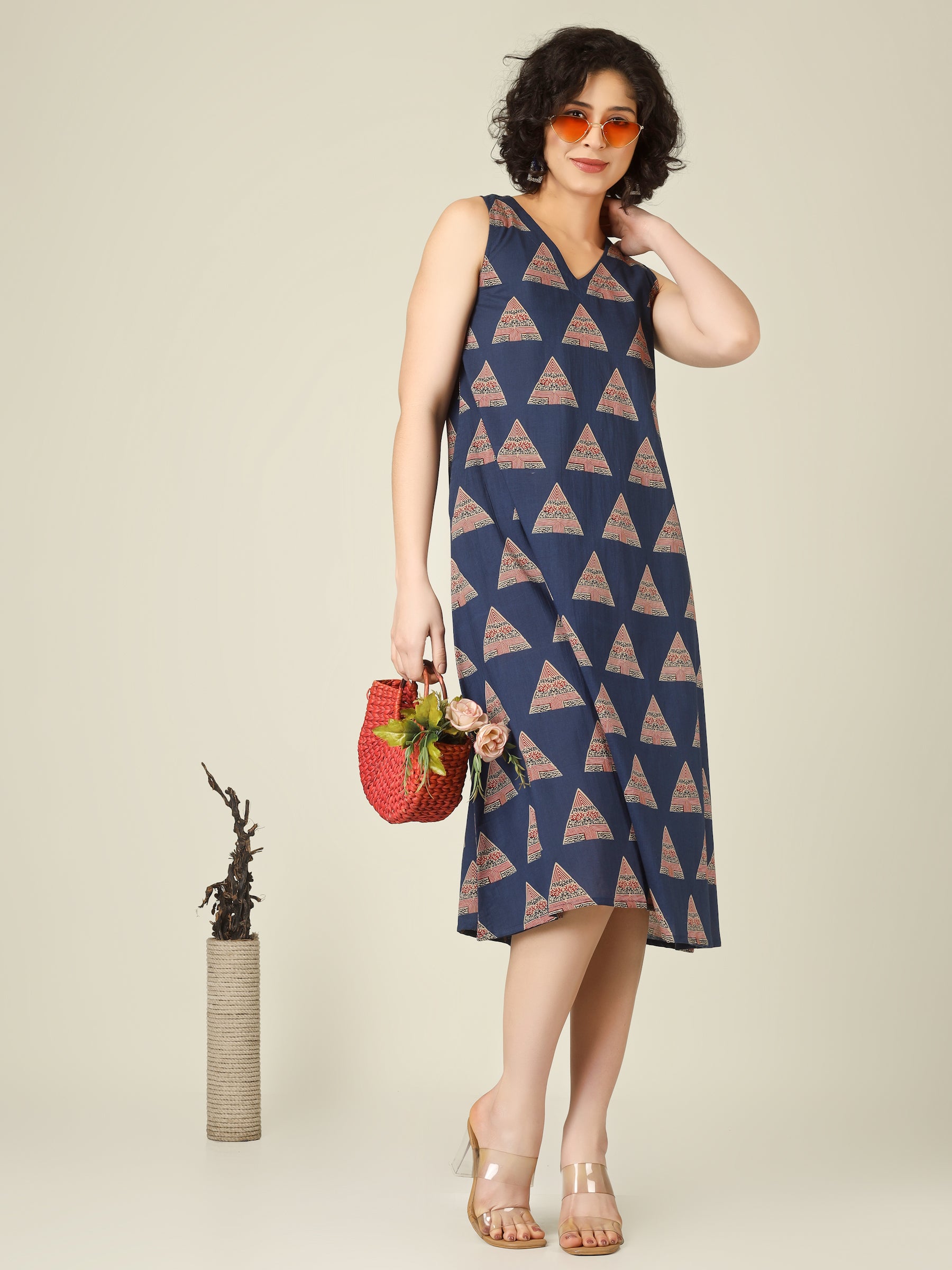 Blue Printed V-Neck Sleeveless A-Line Cotton Dress