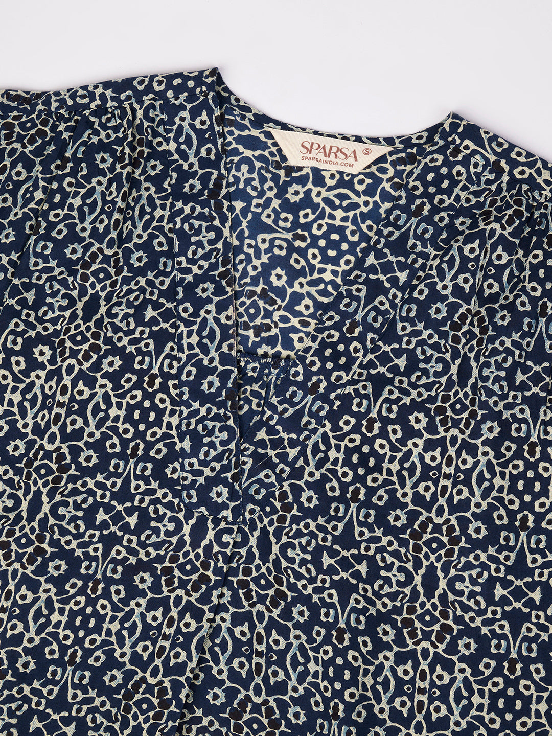 Blue Printed V-Neck Cotton Top