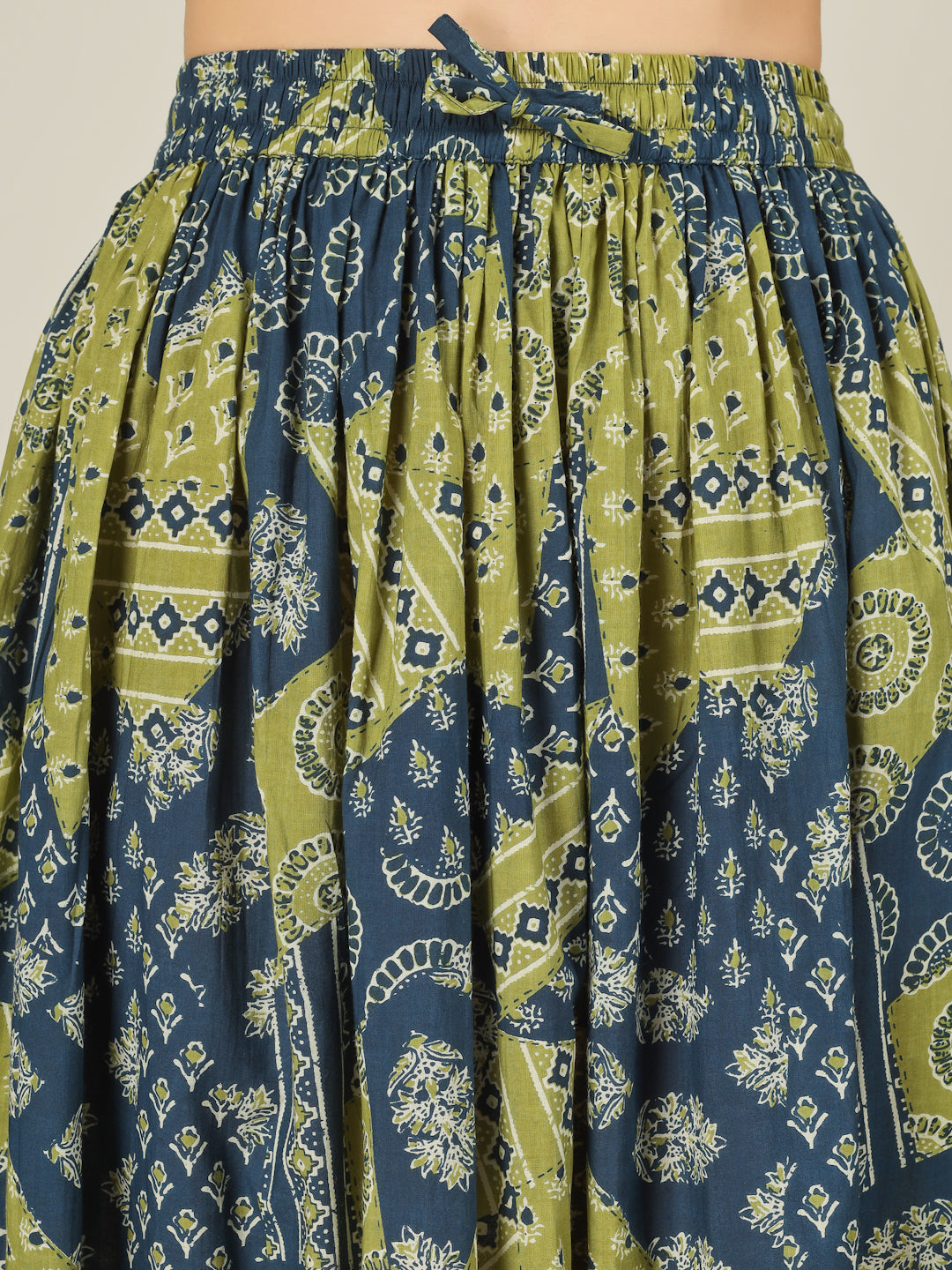Green and Blue Printed Cotton Maxi Skirt