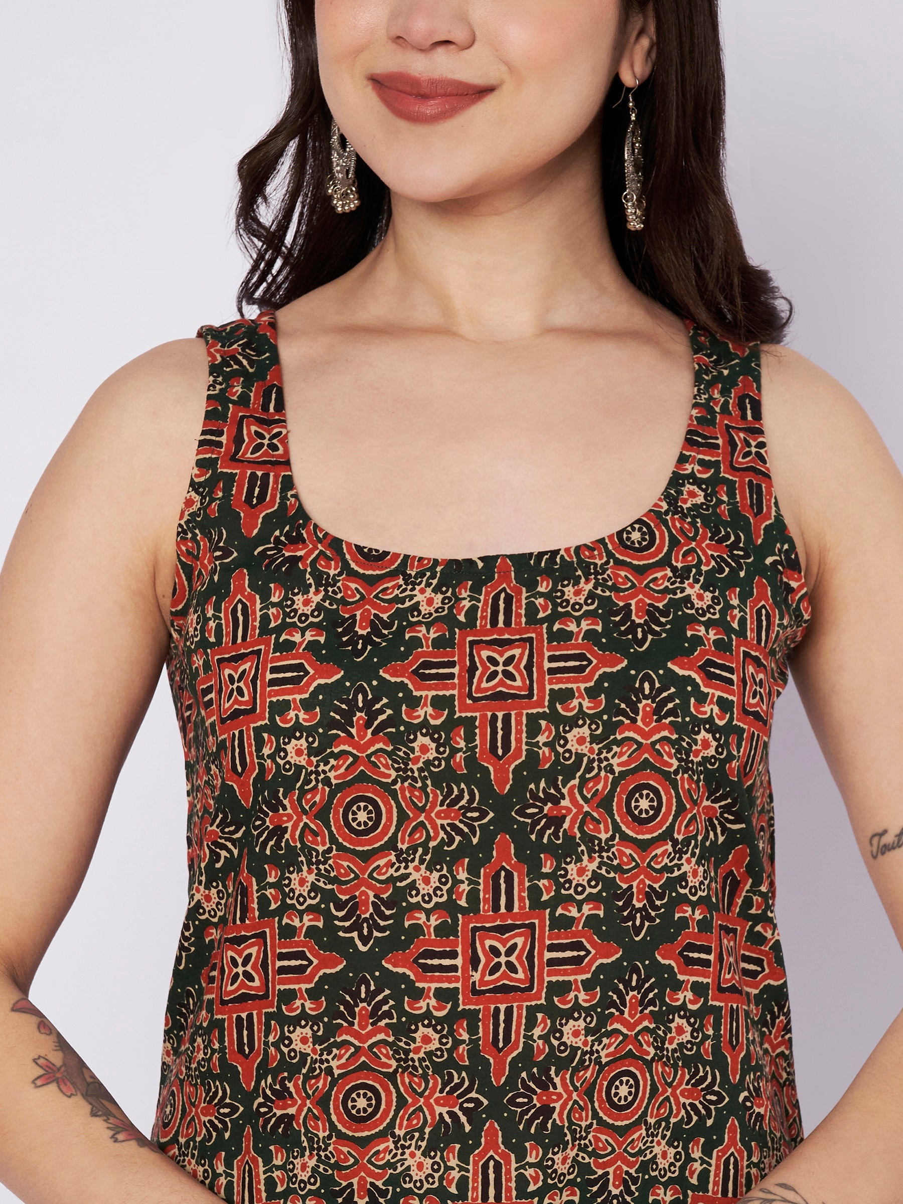 Dark Green Printed Sleeveless Cotton Top