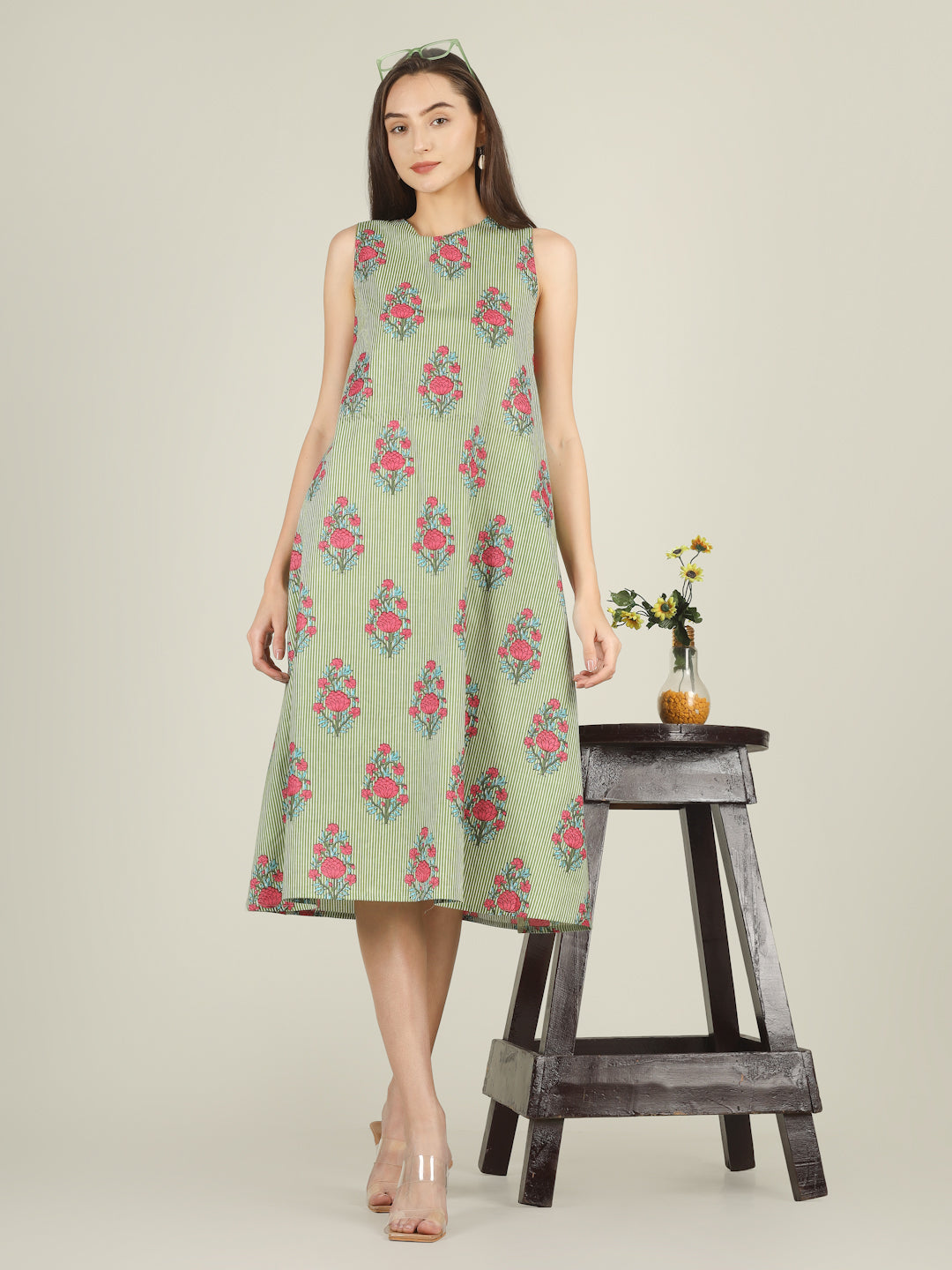 Green Striped Sleeveless A-Line Cotton Dress
