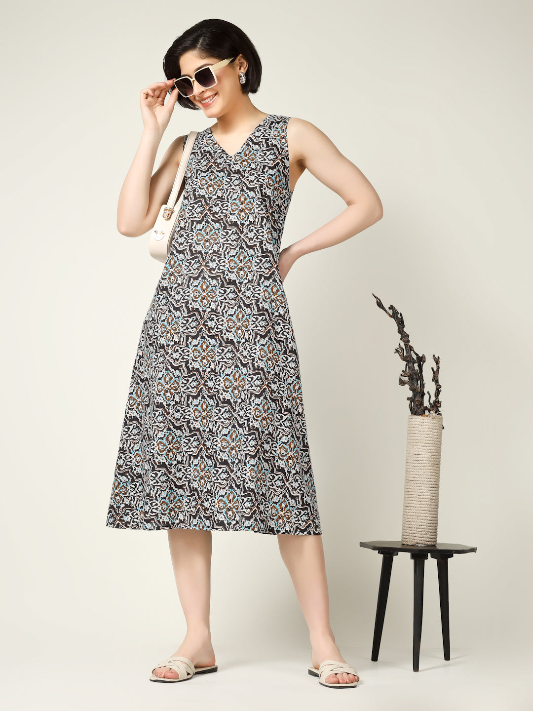 Black Printed Sleeveless V-Neck A-Line Cotton Dress
