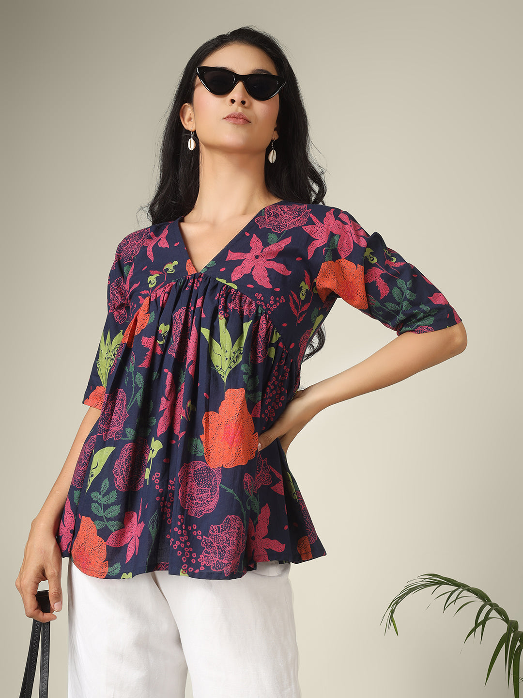 Navy Blue Printed Half-Sleeve Alia-Cut Cotton Peplum Top