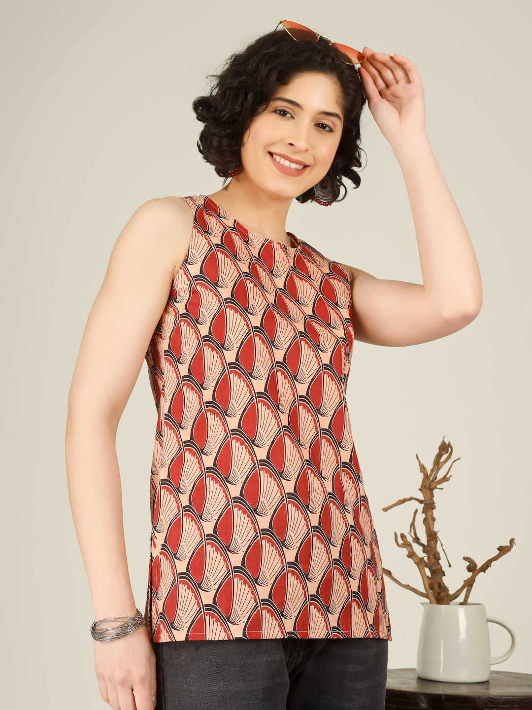 Red Printed Round Neck Sleeveless Cotton Top