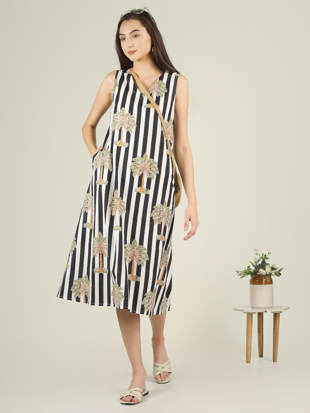 Black Striped V-Neck Sleeveless A-Line Cotton Dress