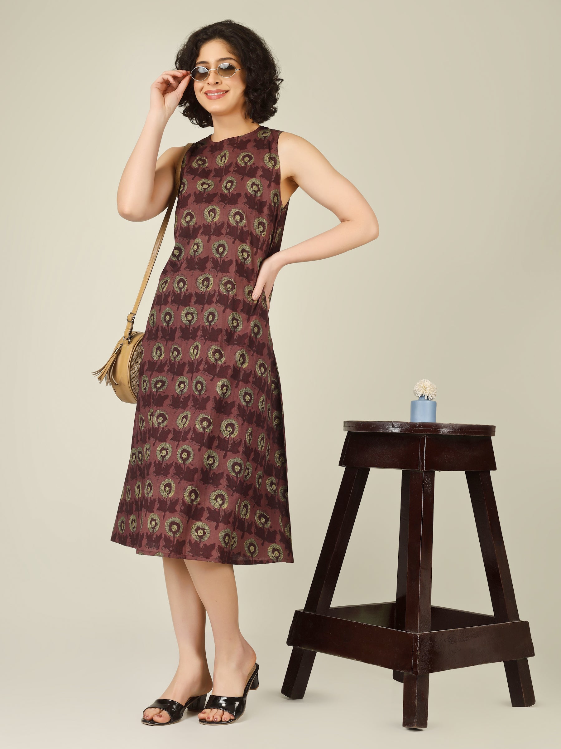 Brownish Red Printed Sleeveless A-Line Cotton Dress