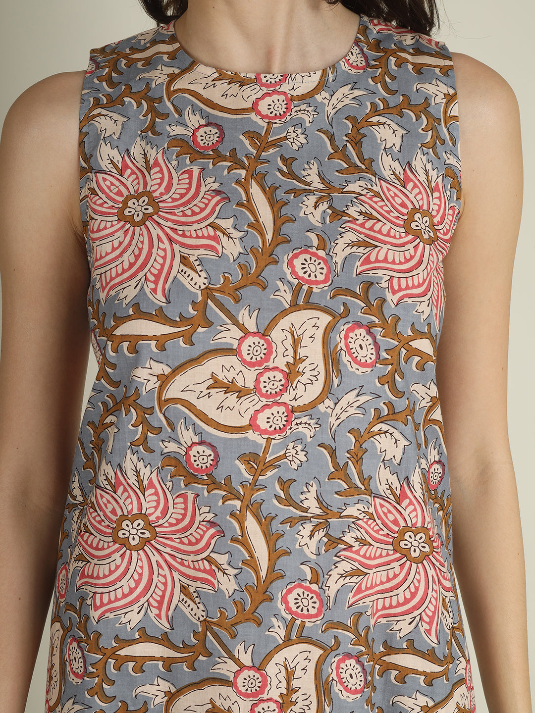 Grey Printed Sleeveless A-Line Cotton Dress