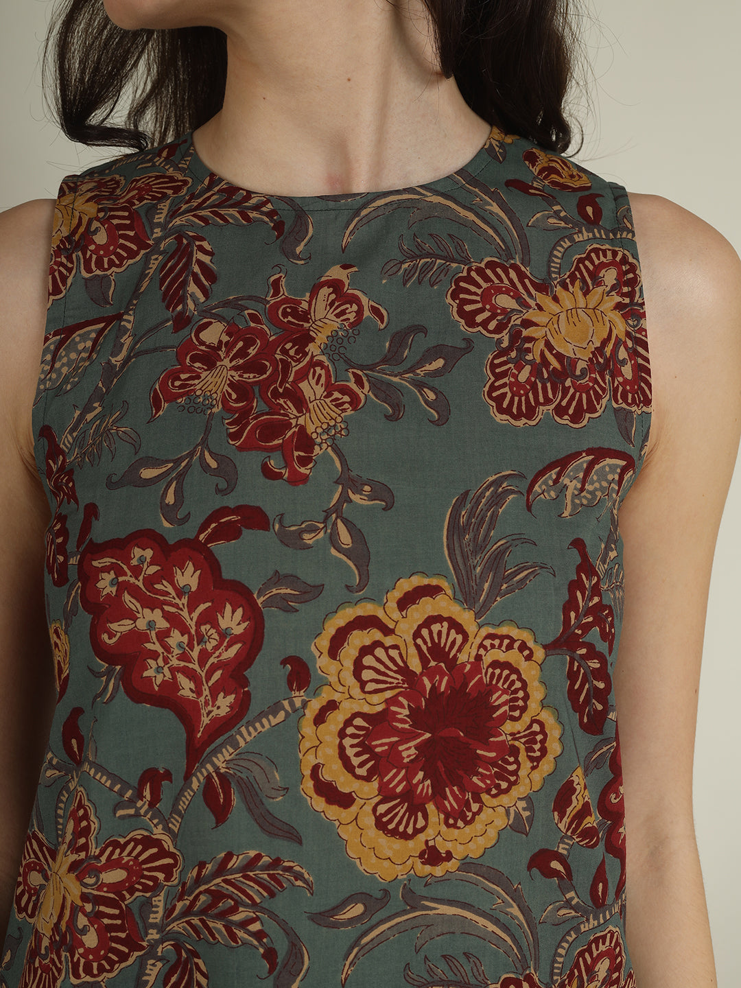 Green Printed Sleeveless A-Line Cotton Dress