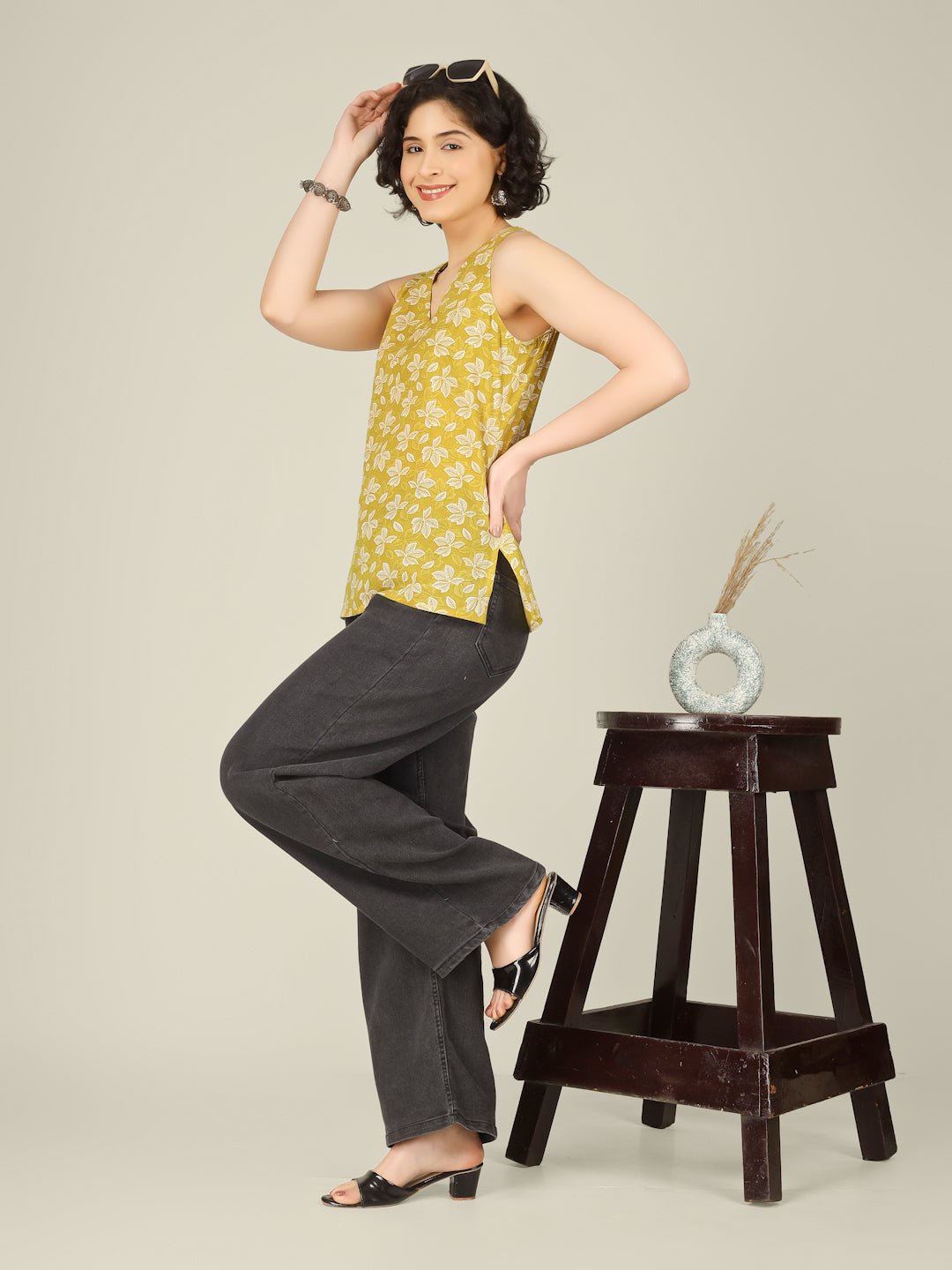 Yellow Printed Sleeveless V-Neck Cotton Top