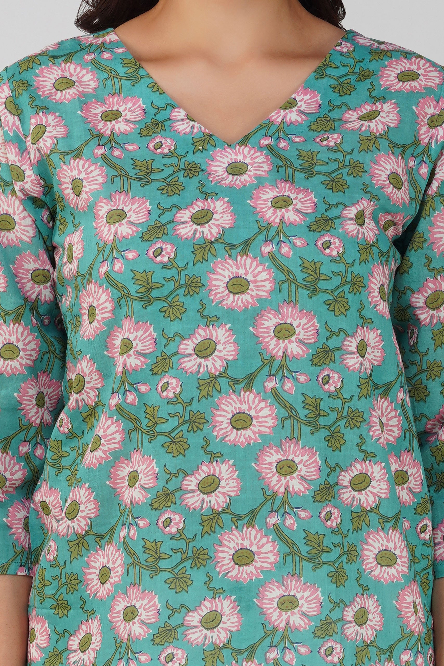 Sky Blue Printed V-Neck Cotton Top