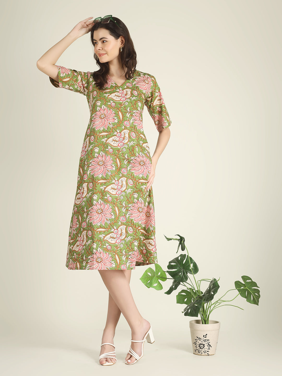 Green Printed Half-Sleeve A-Line Cotton Dress