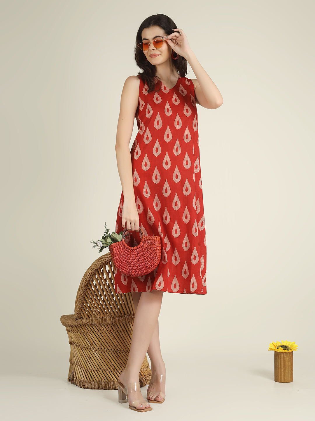 Red Printed Sleeveless V-Neck A-Line Cotton Dress