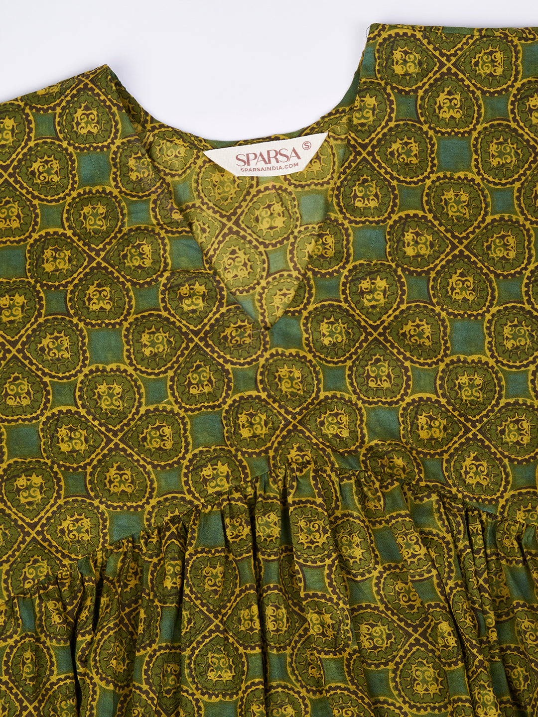 Green Printed Alia-Cut Cotton Top