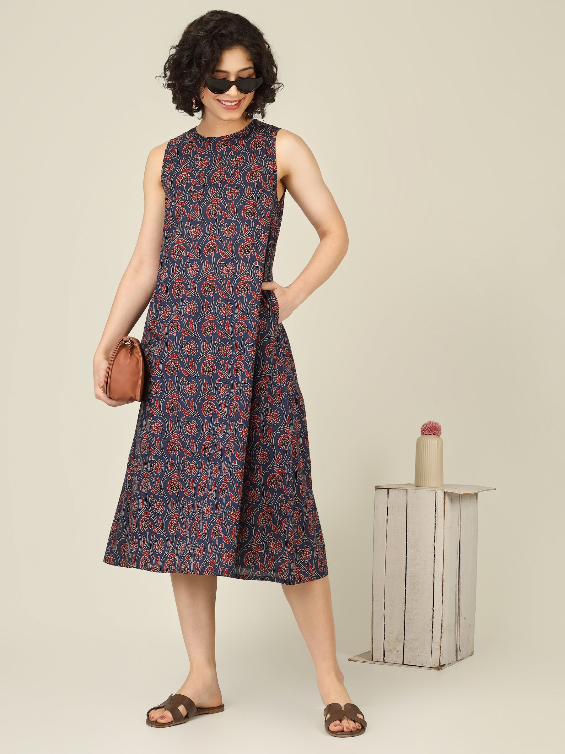 Navy Blue Printed Sleeveless A-Line Cotton Dress