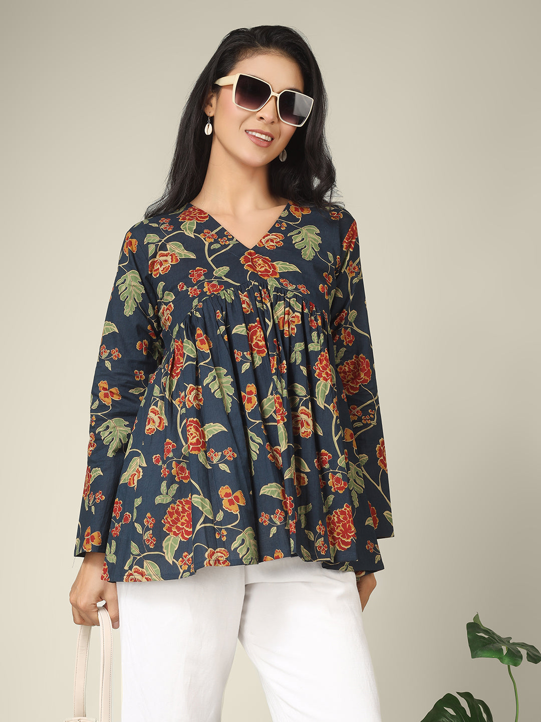 Navy Blue Printed Alia-Cut Cotton Peplum Top