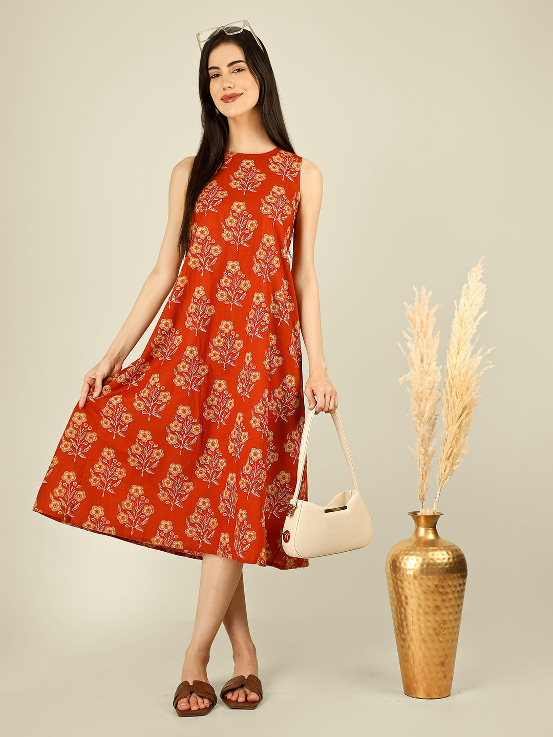 Orange Printed Sleeveless A-Line Cotton Dress