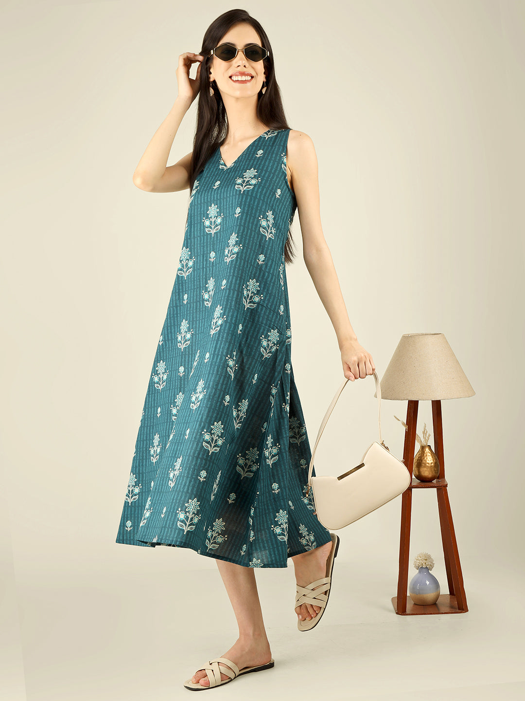 Teal Blue Printed V-Neck Sleeveless A-Line Cotton Dress