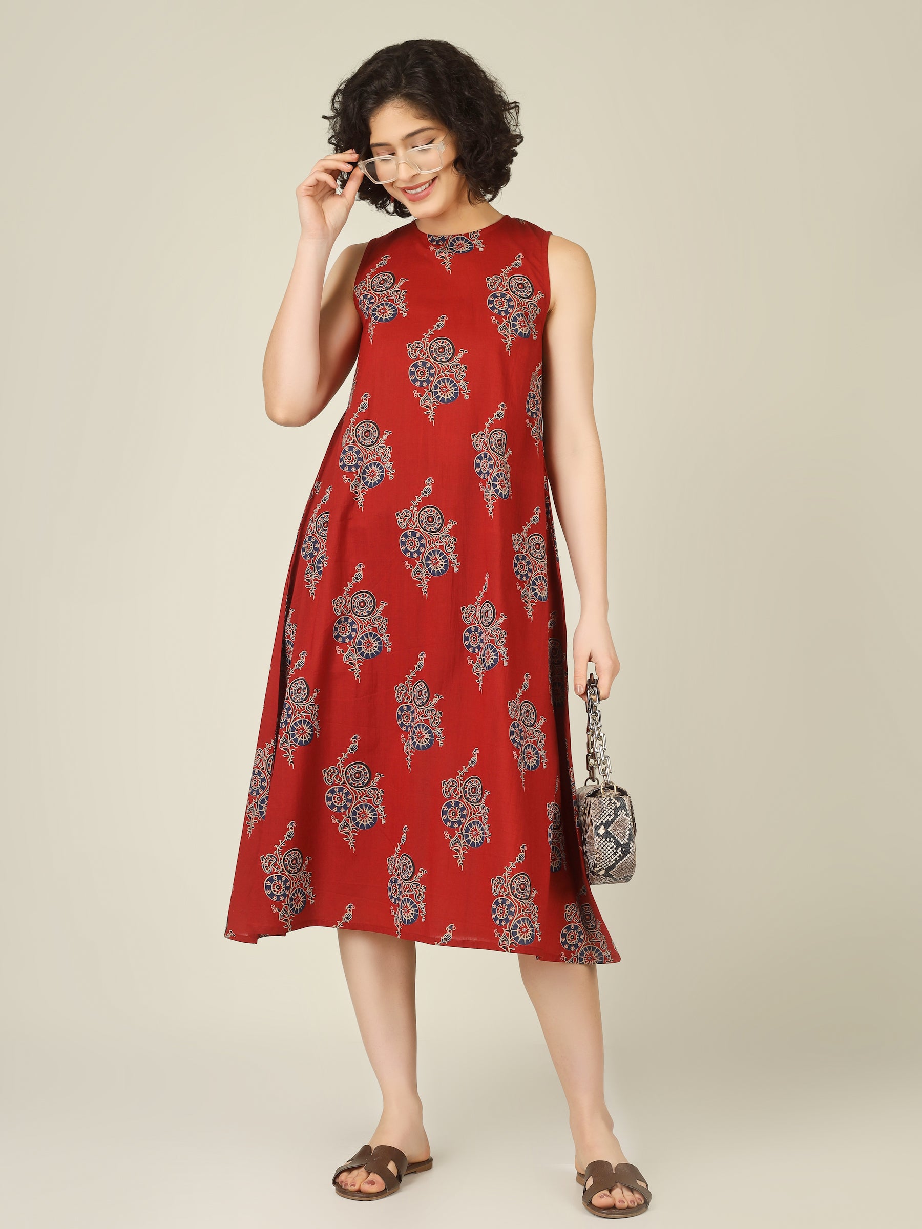 Red Printed Sleeveless A-Line Cotton Dress