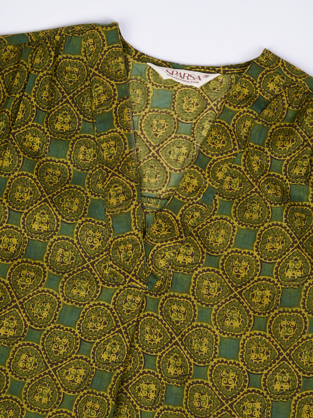 Green Printed V-Neck Cotton Top